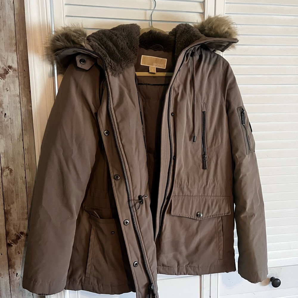 Michael Kors Women's Brown Puffer Jacket with Faux Fur Trim